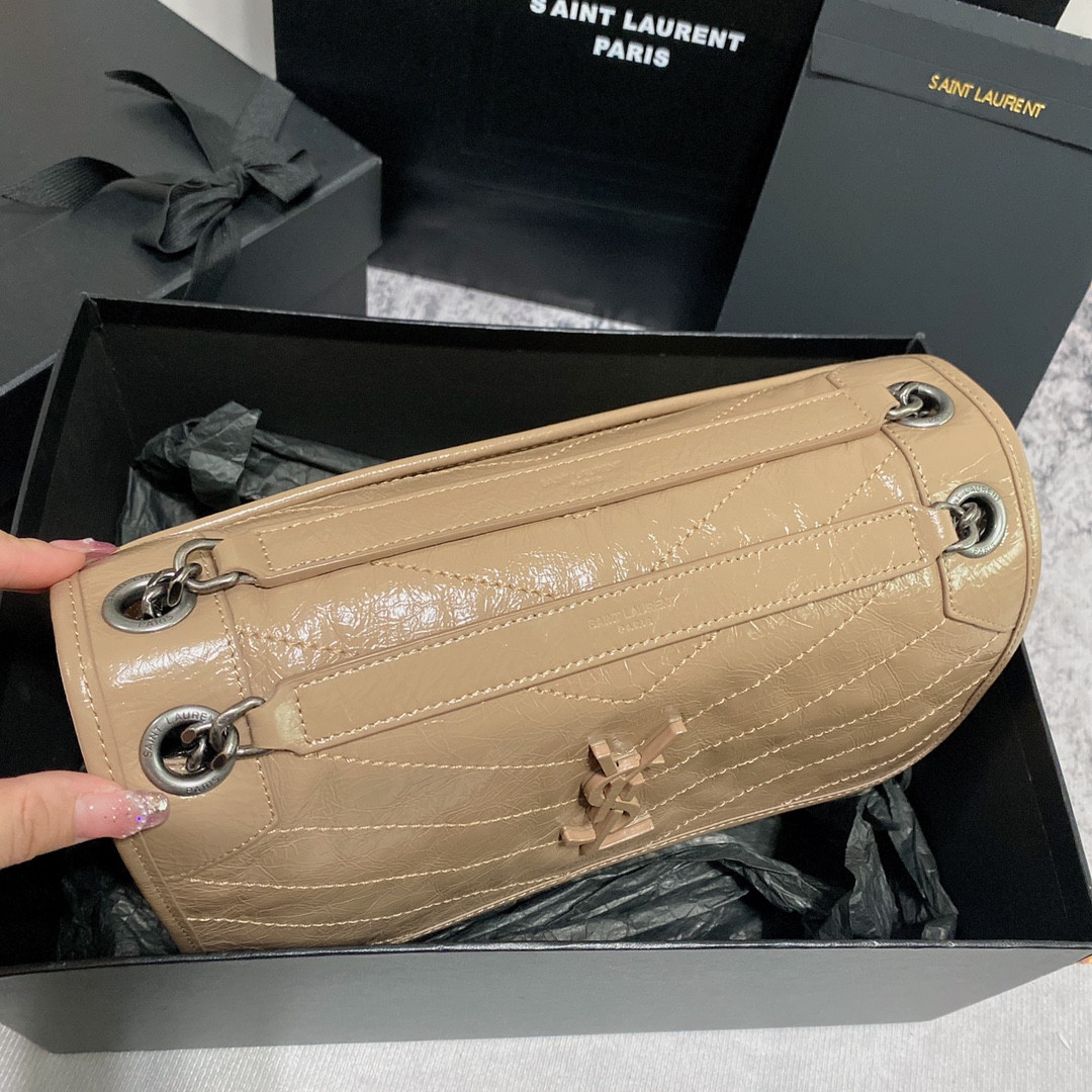 Y*L NIKI MEDIUM IN VINTAGE LEATHER DARK BEIGE 11 X 7.8 X 3.3 INCHES