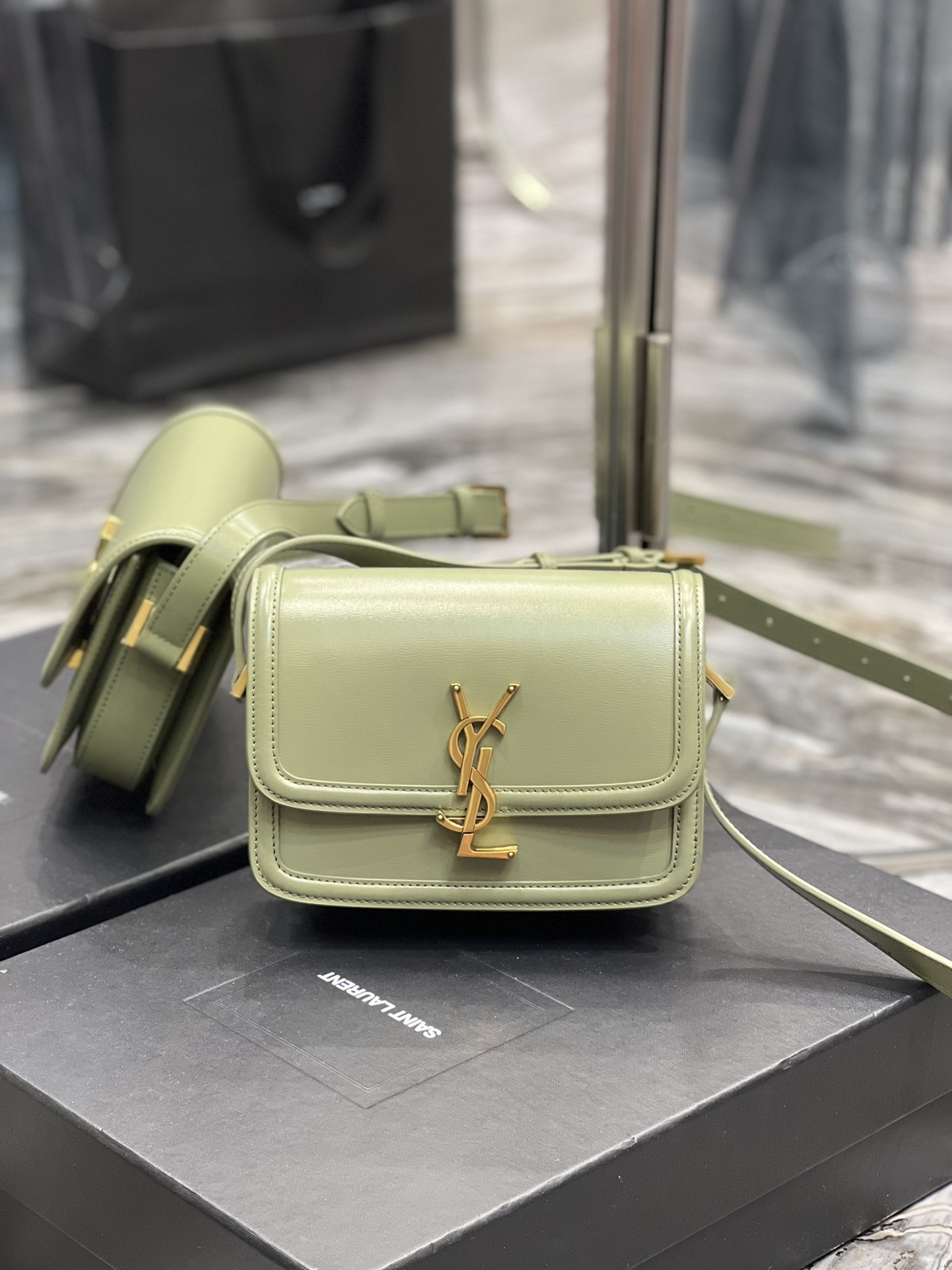 Y*L SOLFERINO SMALL SATCHEL IN BOX SAINT LIGHT GREEN 7.4 X 5.1 X 1.9 INCHES
