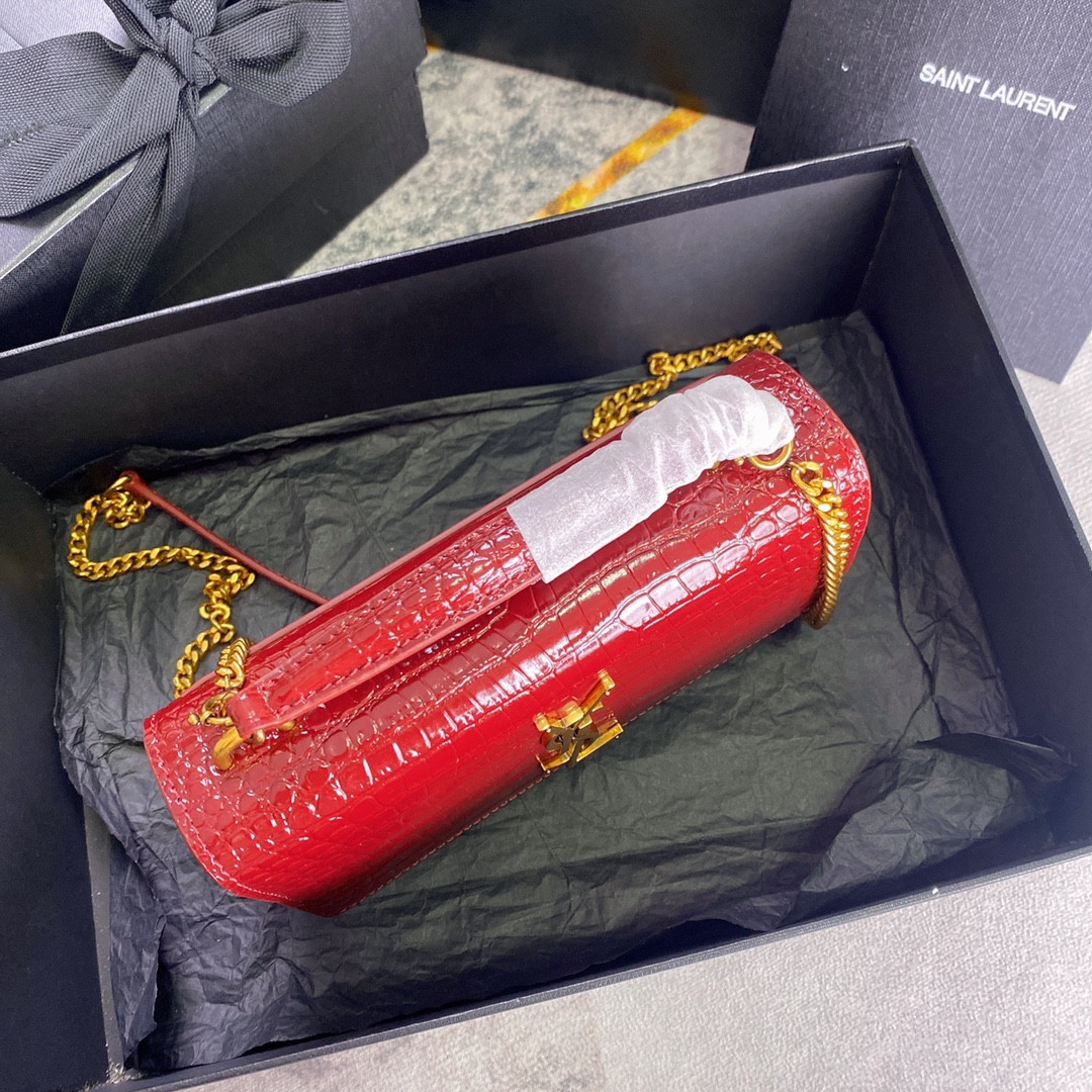 Y*L SUNSET CHAIN WALLET IN CROCODILE-EMBOSSED SHINY LEATHER RED 7.4 X 5.5 X 2.1 INCHES