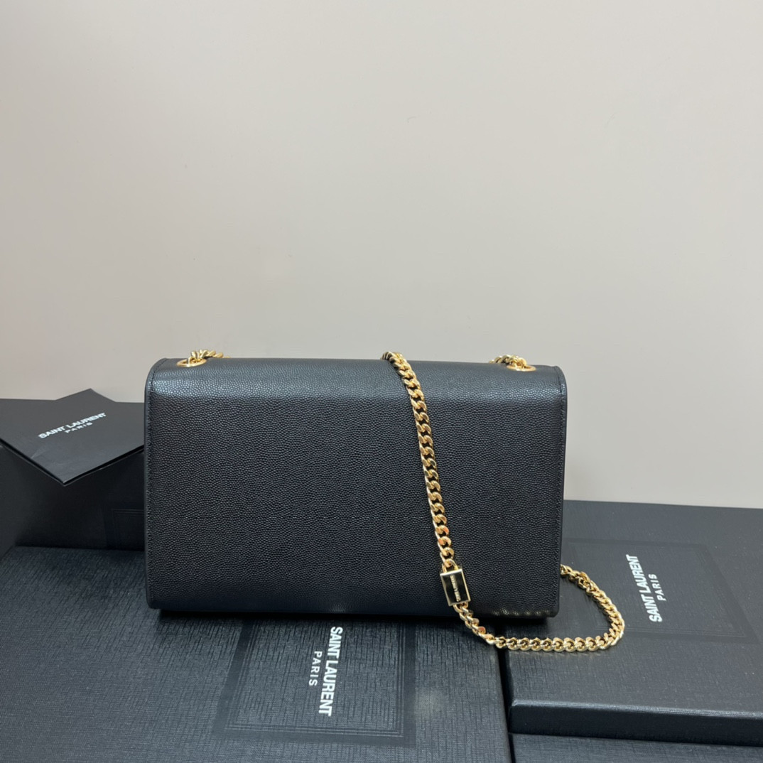 Y*L KATE MEDIUM IN GRAIN DE POUDRE EMBOSSED LEATHER BLACK GOLD 9.4 X 5.7 X 2.1 INCHES