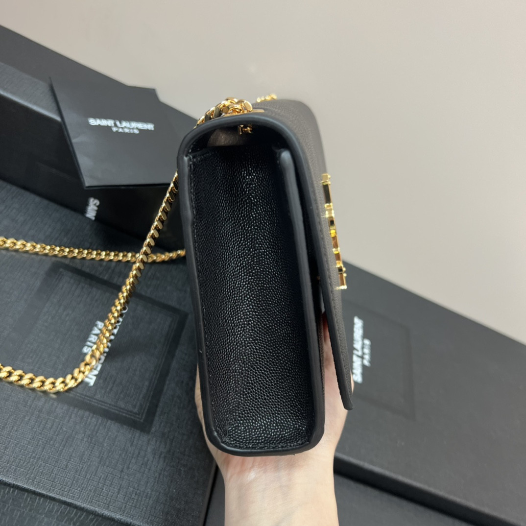 Y*L KATE MEDIUM IN GRAIN DE POUDRE EMBOSSED LEATHER BLACK GOLD 9.4 X 5.7 X 2.1 INCHES