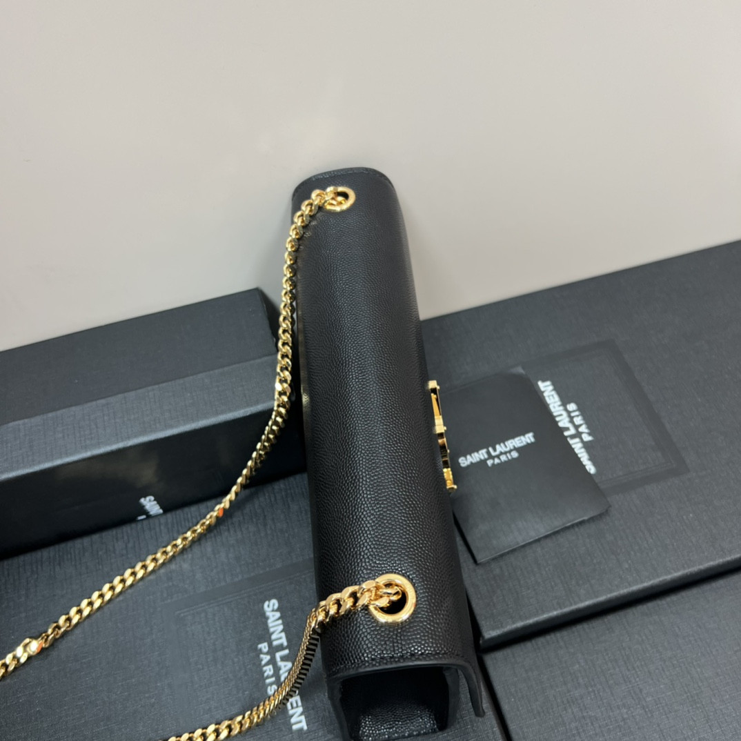 Y*L KATE MEDIUM IN GRAIN DE POUDRE EMBOSSED LEATHER BLACK GOLD 9.4 X 5.7 X 2.1 INCHES