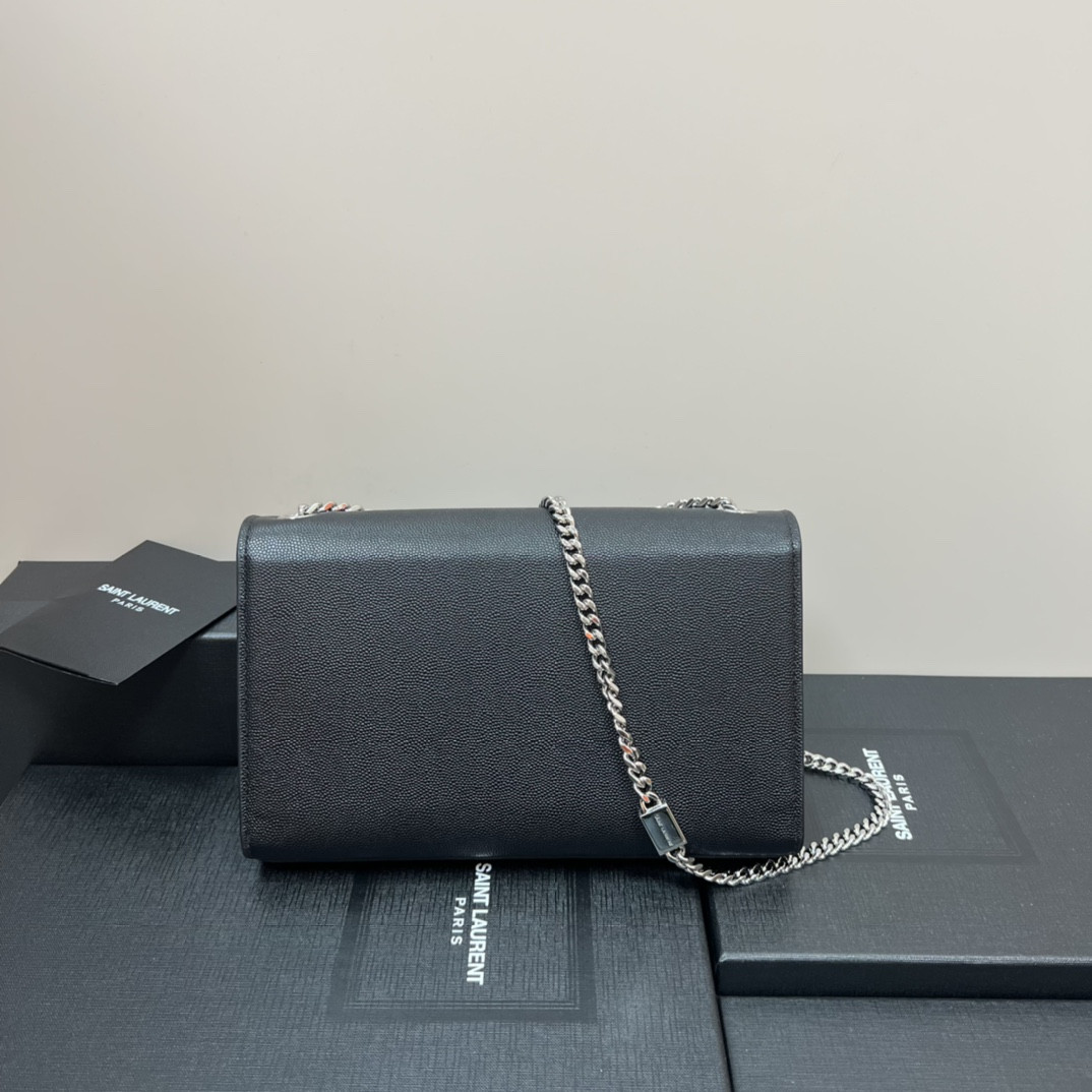 Y*L KATE MEDIUM IN GRAIN DE POUDRE EMBOSSED LEATHER BLACK SILVER 9.4 X 5.7 X 2.1 INCHES