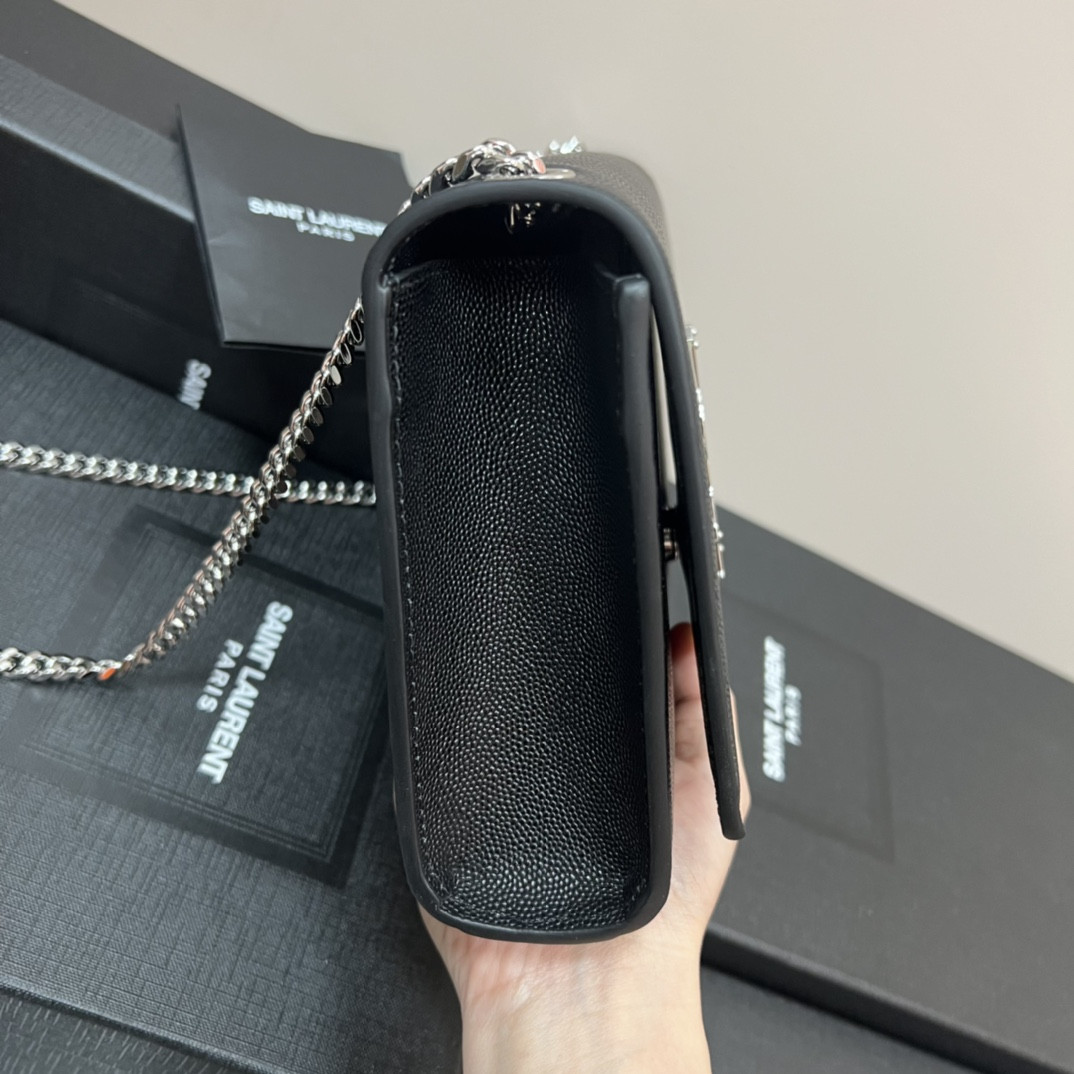 Y*L KATE MEDIUM IN GRAIN DE POUDRE EMBOSSED LEATHER BLACK SILVER 9.4 X 5.7 X 2.1 INCHES