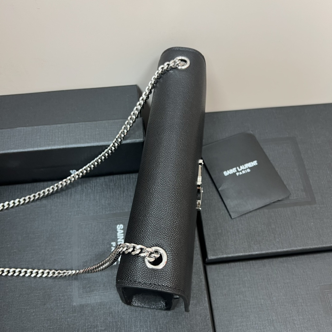 Y*L KATE MEDIUM IN GRAIN DE POUDRE EMBOSSED LEATHER BLACK SILVER 9.4 X 5.7 X 2.1 INCHES