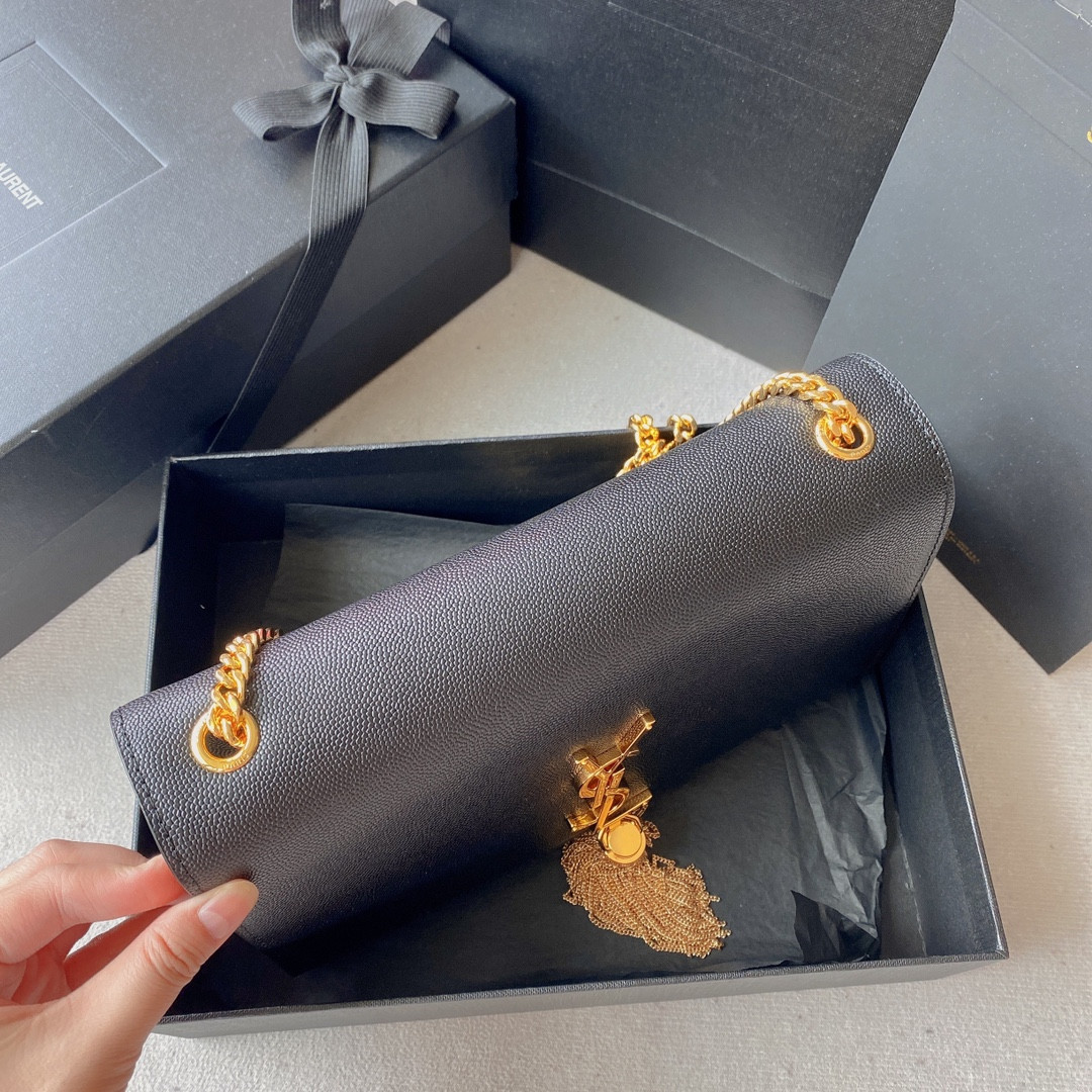 Y*L KATE MEDIUM IN GRAIN DE POUDRE EMBOSSED LEATHER BLACK 9.4 X 5.7 X 2.1 INCHES