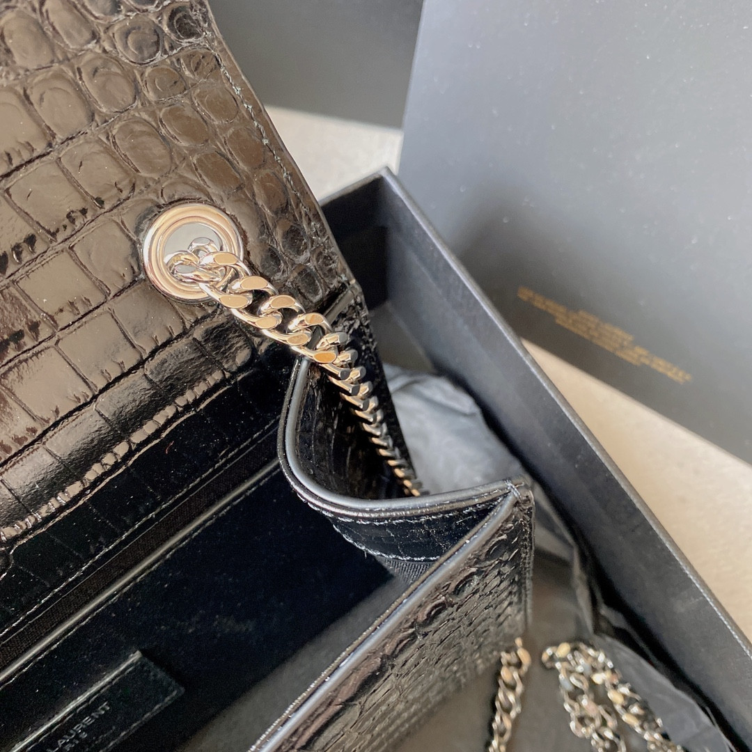 Y*L KATE MEDIUM TASSEL IN CROCODILE-EMBOSSED LEATHER BLACK 9.4 X 5.7 X 2.1 INCHES