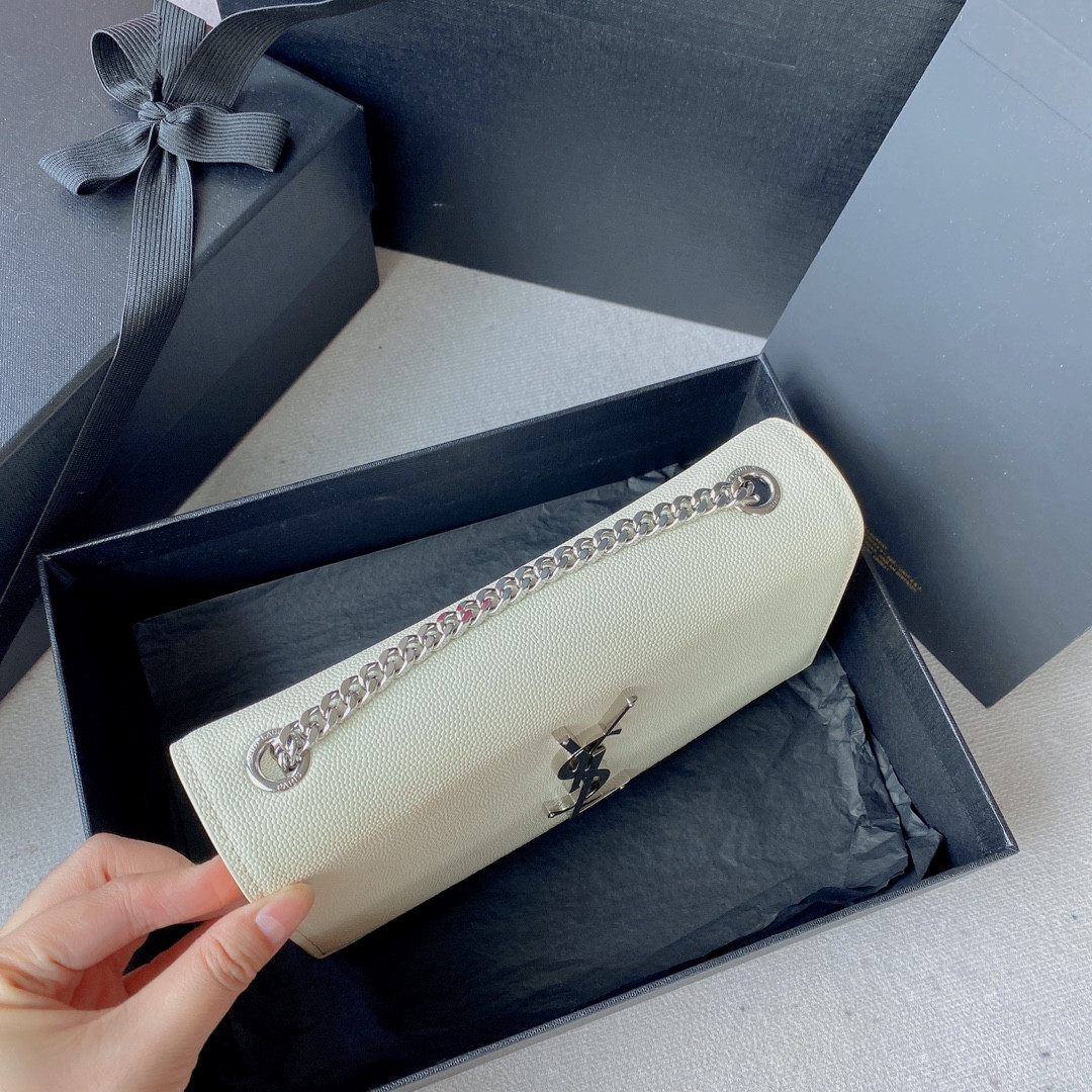 Y*L KATE SMALL IN GRAIN DE POUDRE EMBOSSED LEATHER WHITE SILVER 7.8 X 4.9 X 1.9 INCHES