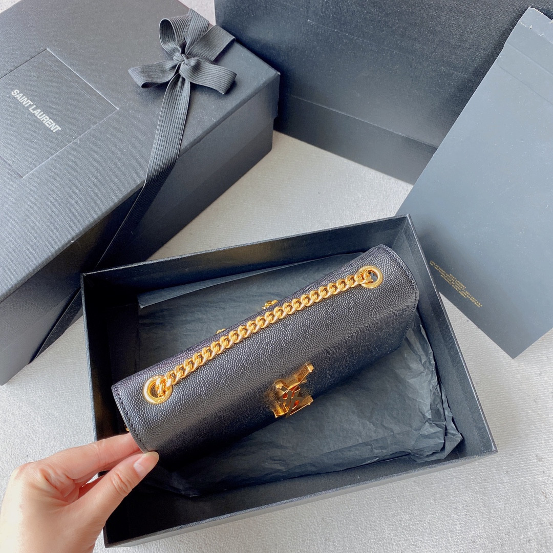 Y*L KATE SMALL IN GRAIN DE POUDRE EMBOSSED LEATHER NAVY GOLD 7.8 X 4.9 X 1.9 INCHES