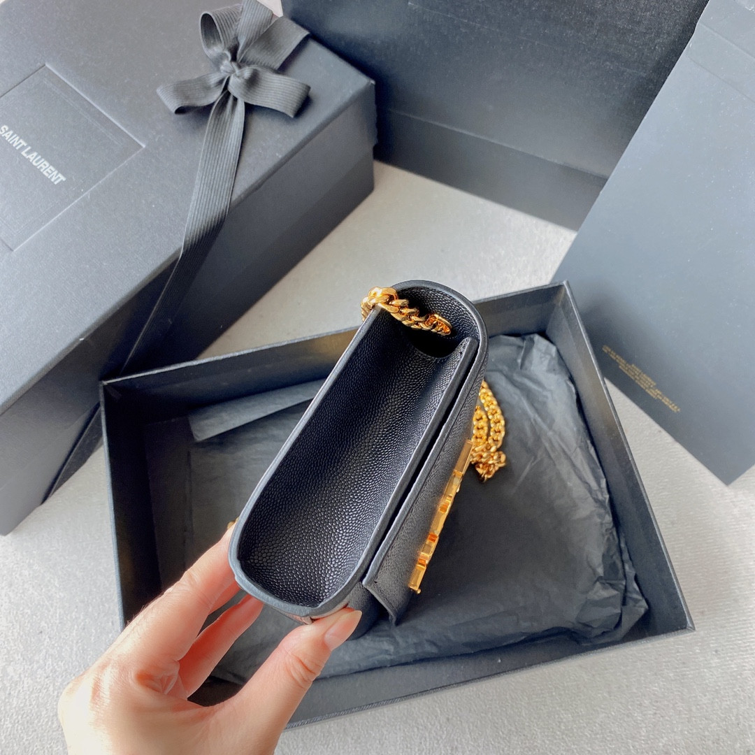 Y*L KATE SMALL IN GRAIN DE POUDRE EMBOSSED LEATHER NAVY GOLD 7.8 X 4.9 X 1.9 INCHES