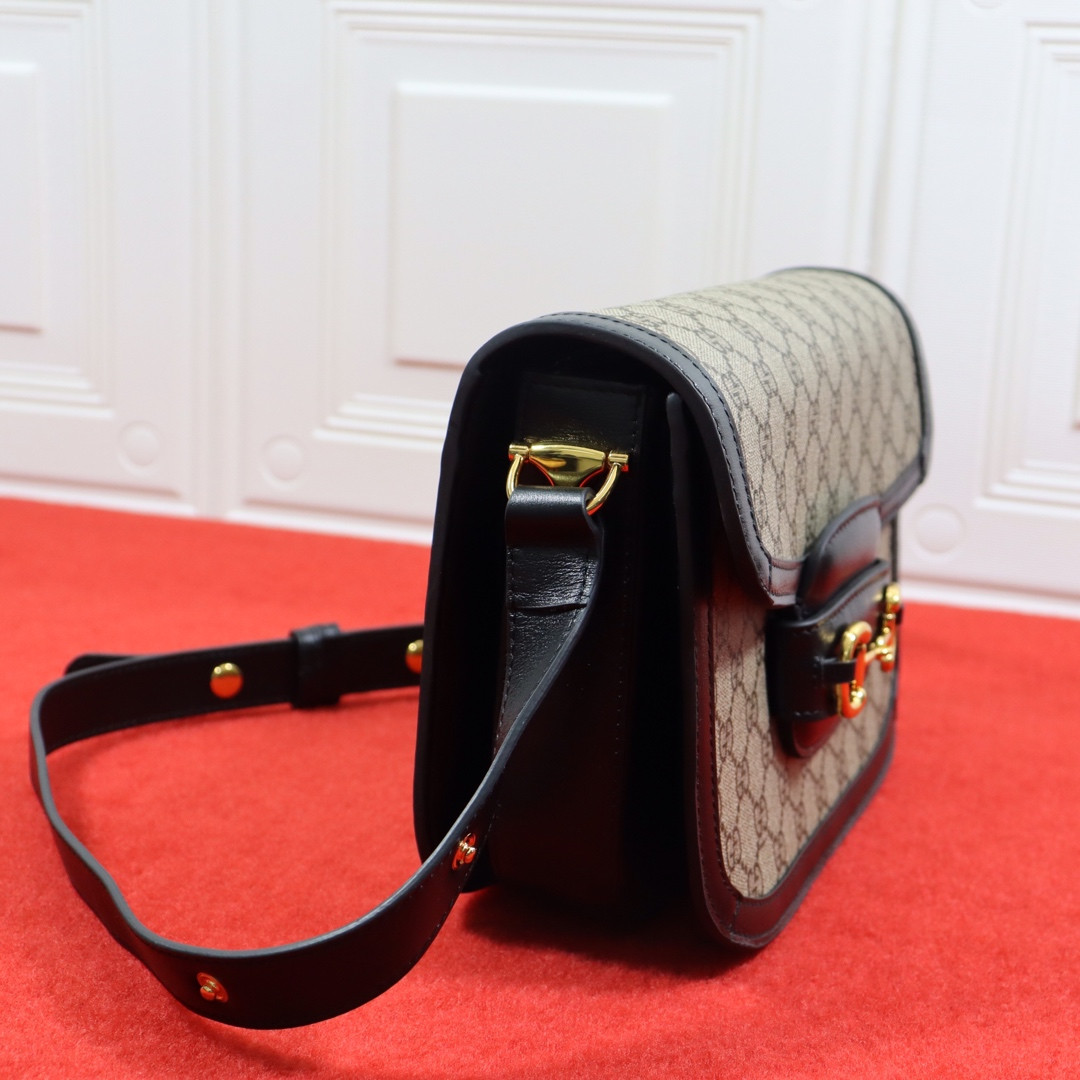 G*u*i HORSEBIT 1955 SHOULDER BAG Beige Black 9.8"W x 7"H x 3.1"D