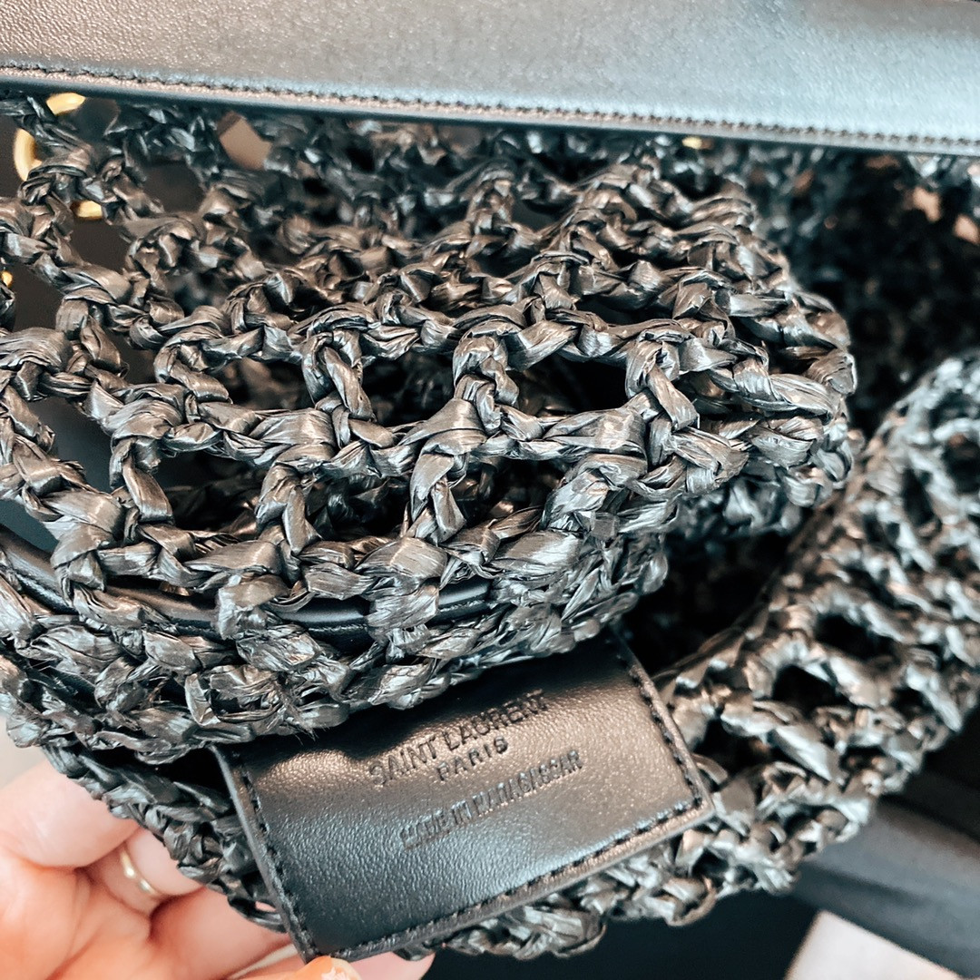 Y*L OXALIS BAG IN RAFFIA MACRAMÉ BLACK 14.6X 5.7X1.2INCHES