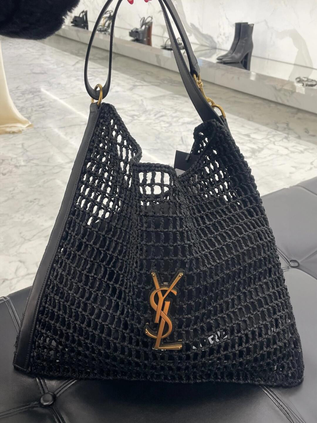 Y*L OXALIS BAG IN RAFFIA MACRAMÉ BLACK 14.6X 5.7X1.2INCHES