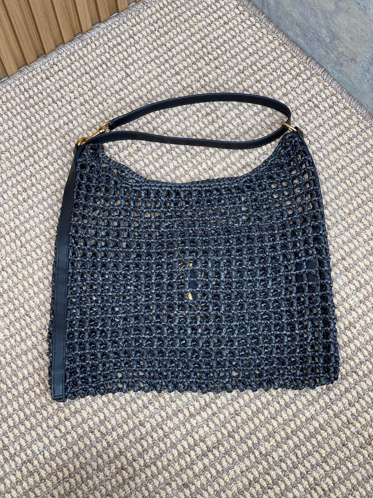 Y*L OXALIS BAG IN RAFFIA MACRAMÉ BLACK 14.6X 5.7X1.2INCHES