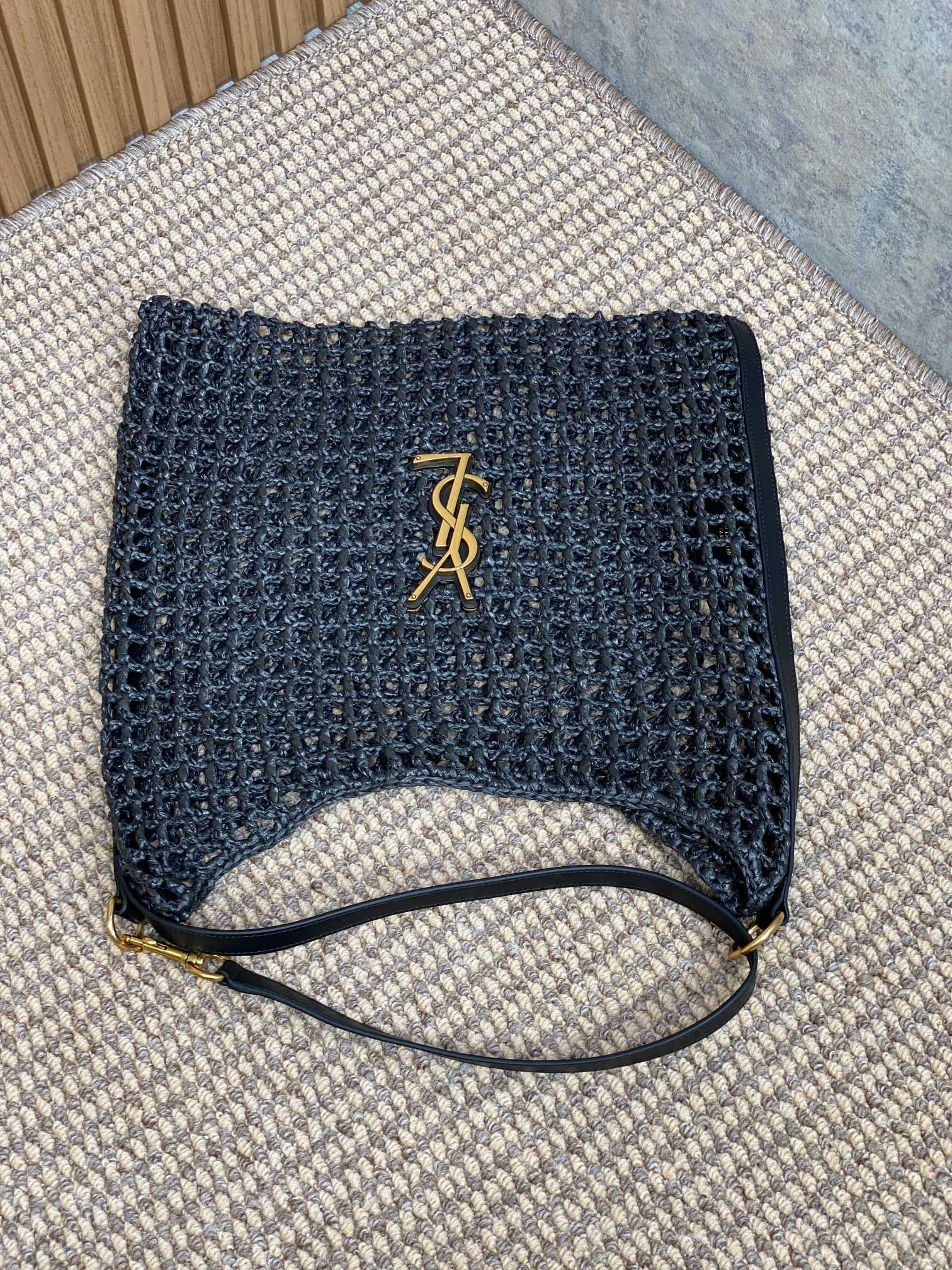 Y*L OXALIS BAG IN RAFFIA MACRAMÉ BLACK 14.6X 5.7X1.2INCHES