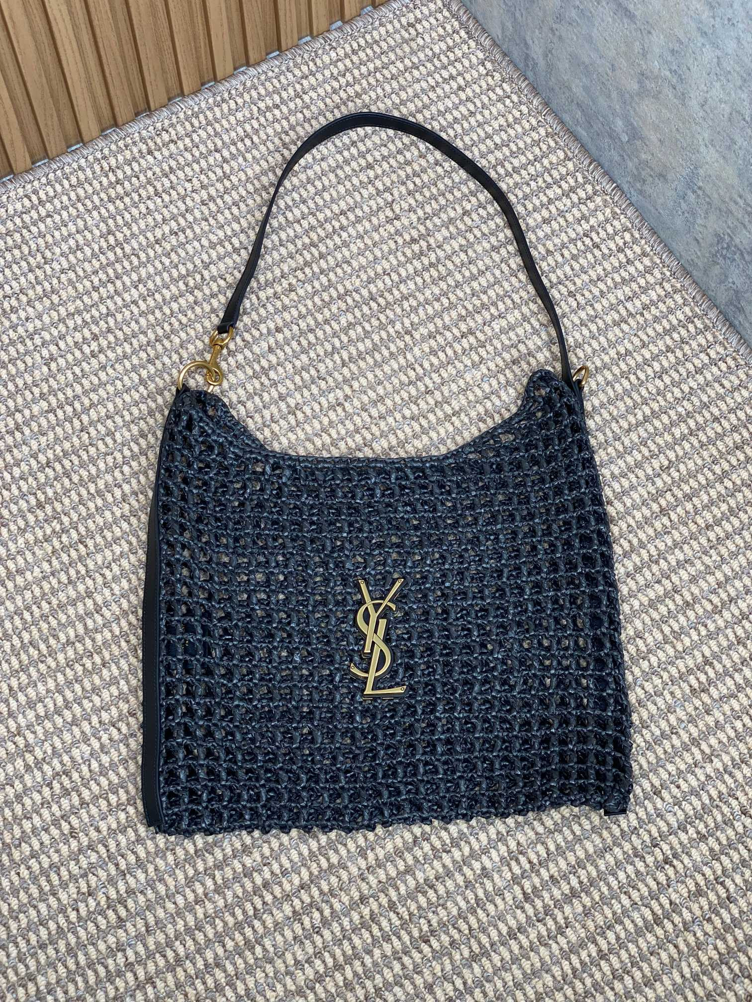 Y*L OXALIS BAG IN RAFFIA MACRAMÉ BLACK 14.6X 5.7X1.2INCHES