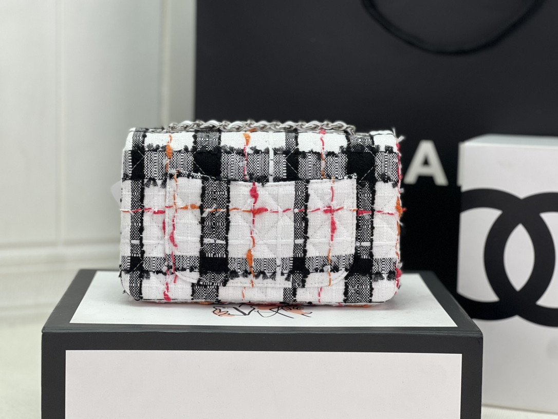 Ch*el MINI CLASSIC 11.12 HANDBAG Tweed & Silver-Tone Metal  4.7 × 7.8 × 2.3 in