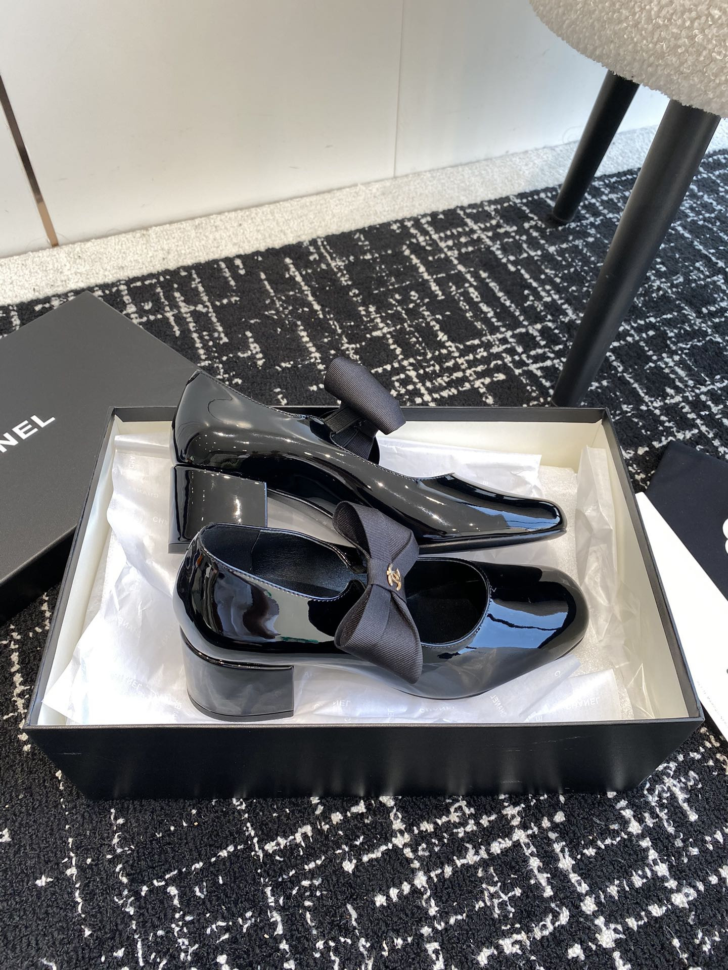 UA Ch*el MARY JANES Patent Calfskin & Grosgrain