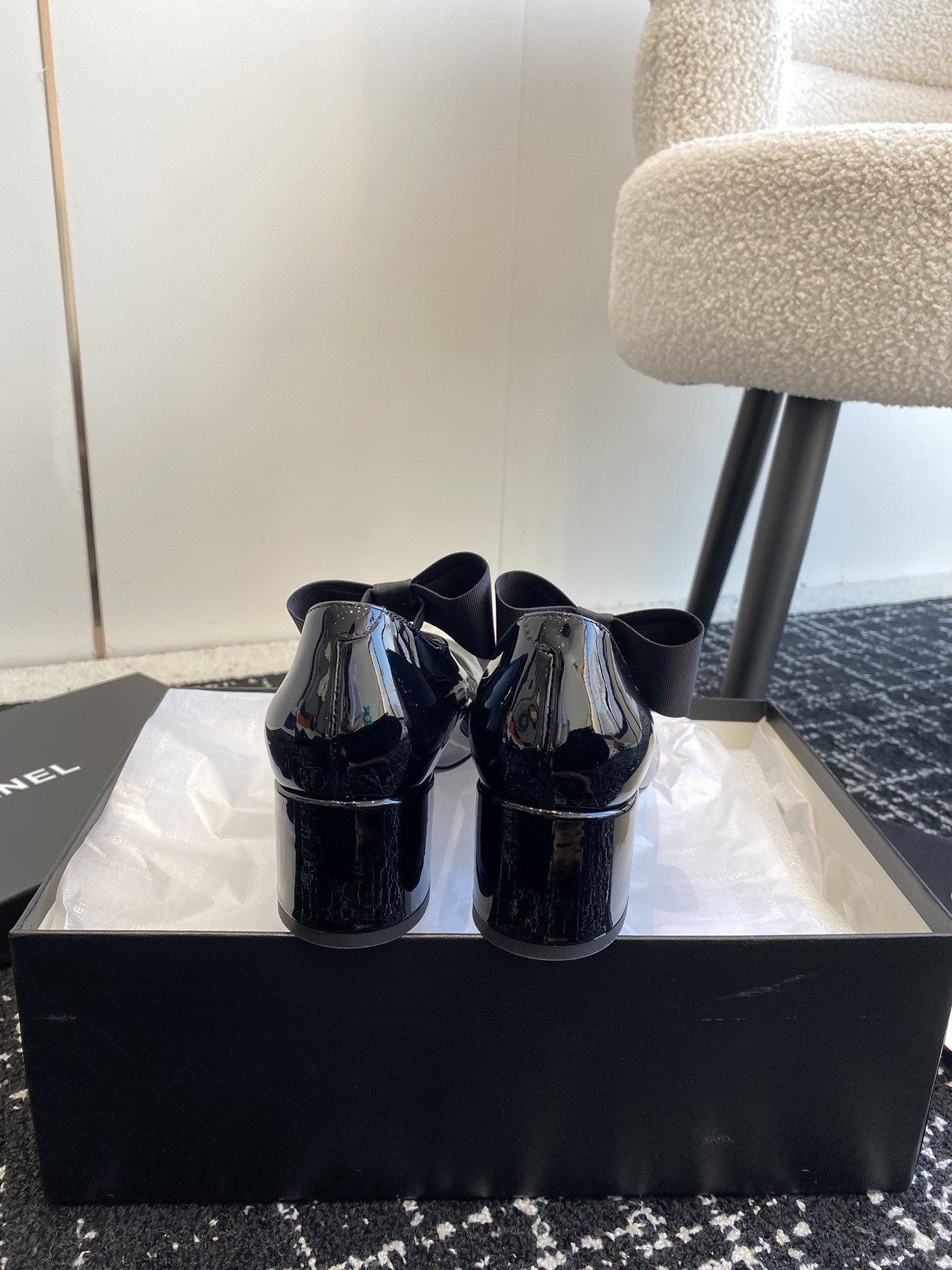 UA Ch*el MARY JANES Patent Calfskin & Grosgrain