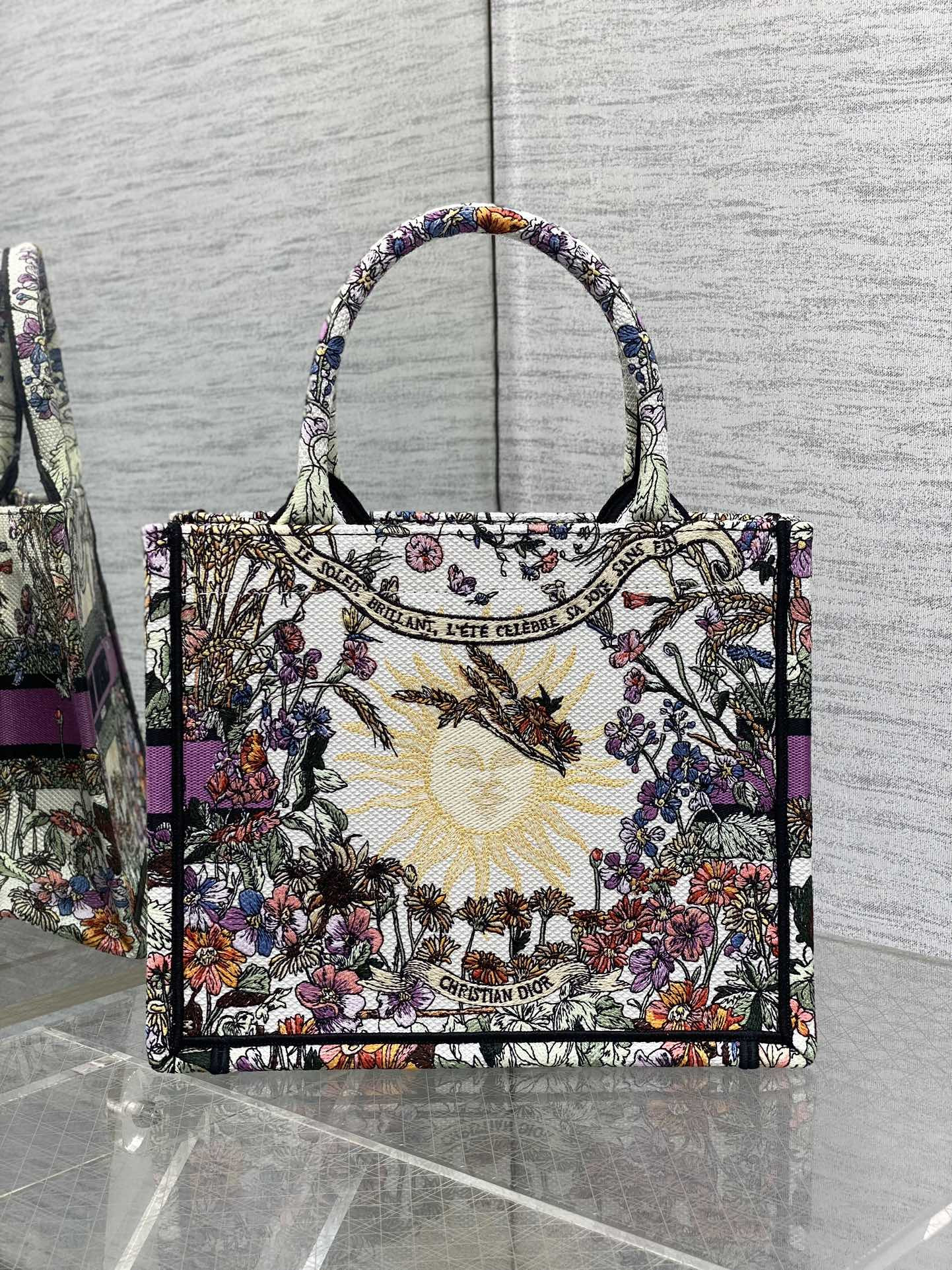 Small D*0r Book Tote  Ecru Multicolor D*0r 4 Saisons Été Soleil Embroidery 26x8x22cm