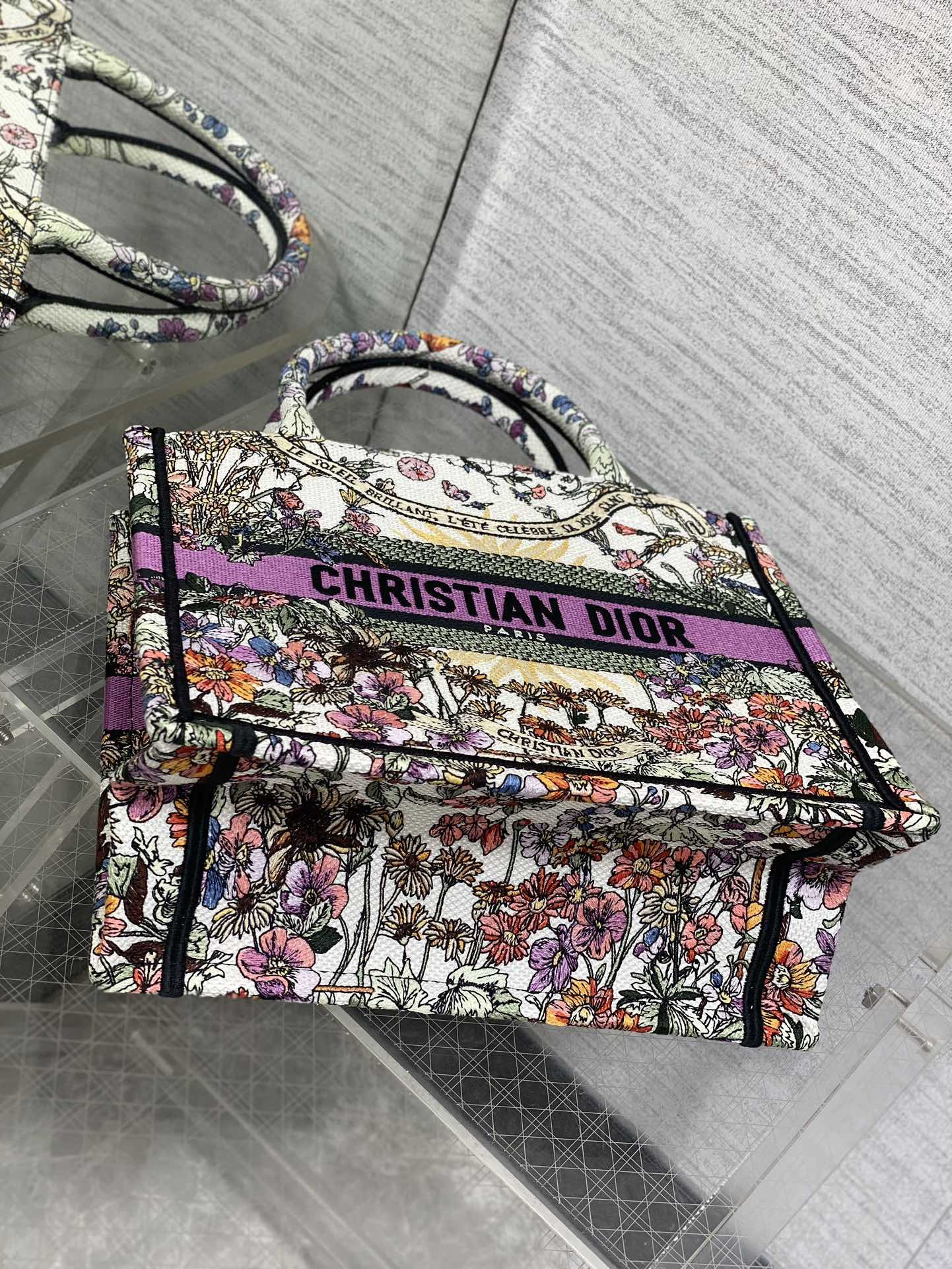 Small D*0r Book Tote  Ecru Multicolor D*0r 4 Saisons Été Soleil Embroidery 26x8x22cm