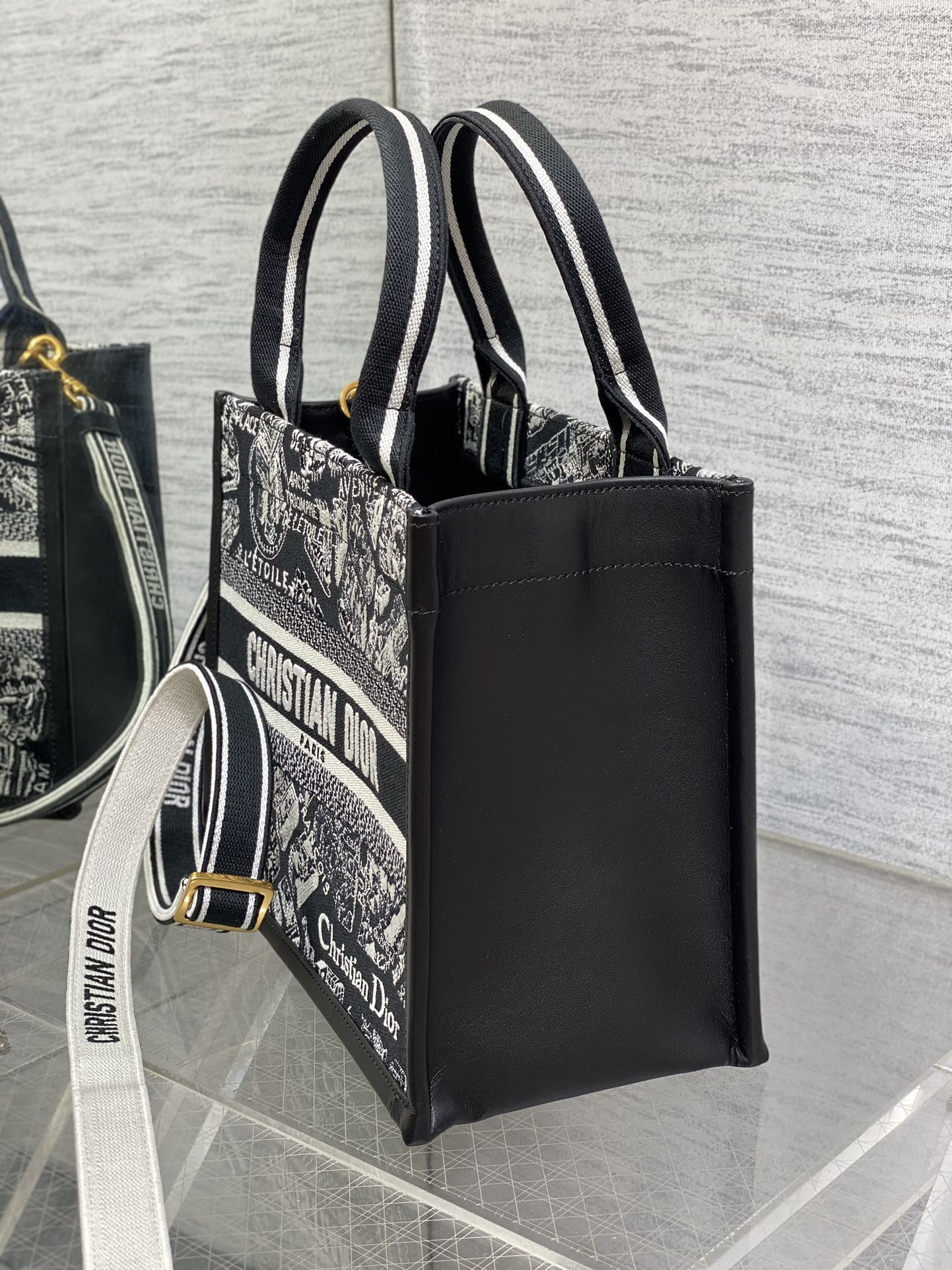 D*0r Small D*0r Book Tote White and Black Plan de Paris Embroidery and Black Calfskin 26.5 x 21 x 14 cm