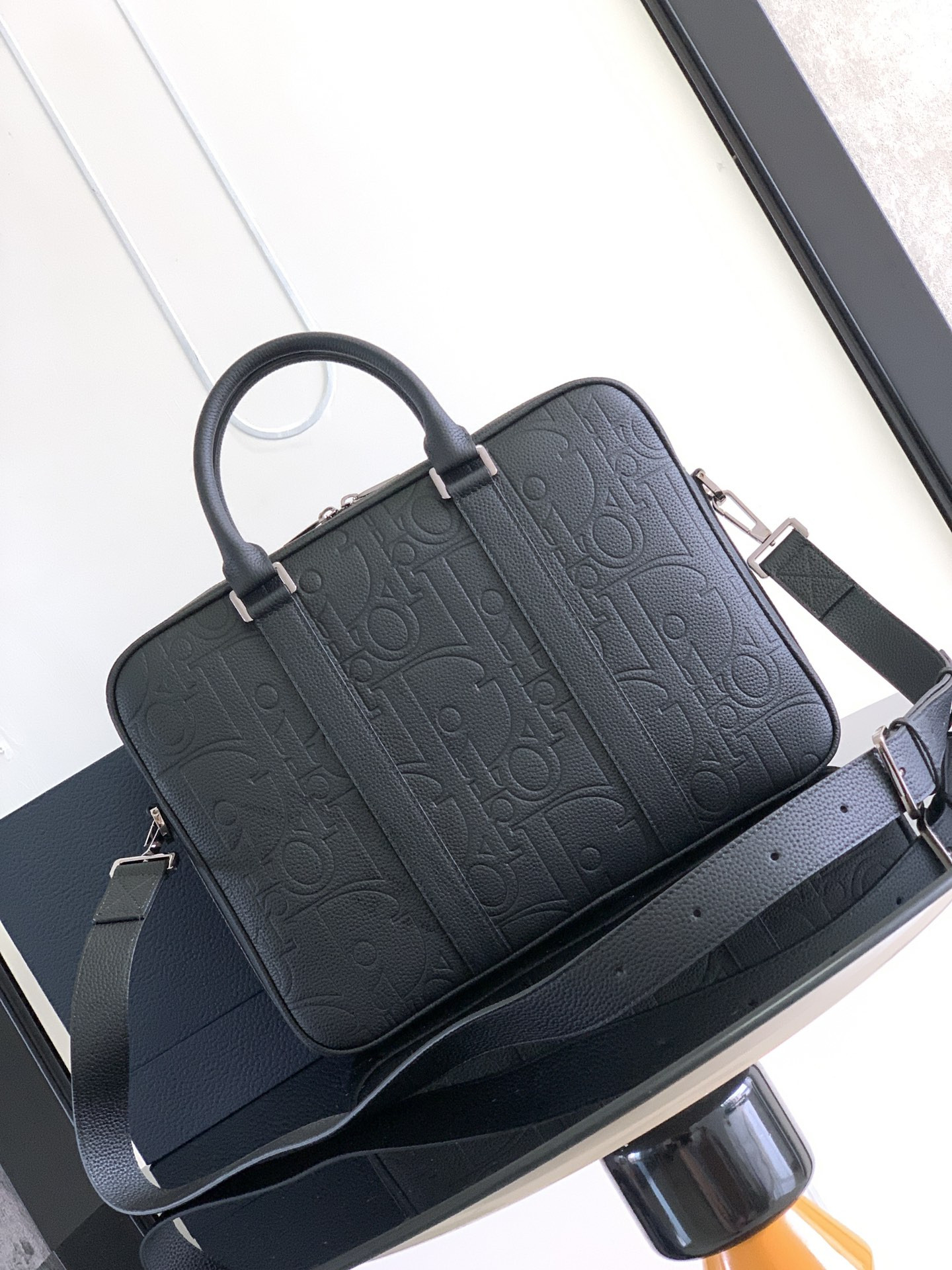 D*0r Zipped Briefcase  Black D*0r Gravity Leather and Black Grained Calfskin 37 x 28 x 6 cm