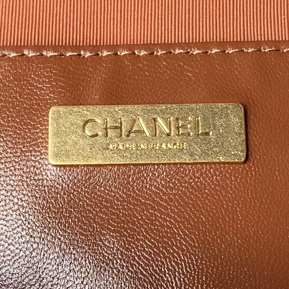 Ch*el MINI BAG WITH TOP HANDLE  Shiny Lambskin & Gold-Tone Metal Brown 12 × 18 × 7 cm