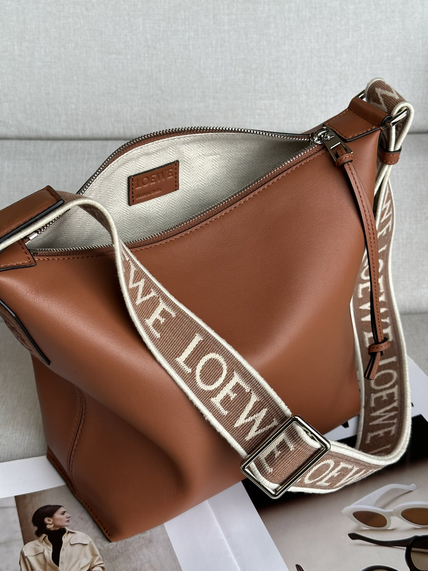 L0ew* Small Cubi crossbody bag in S*pple smooth calfskin and jacquard 29.5x10.5x22cm