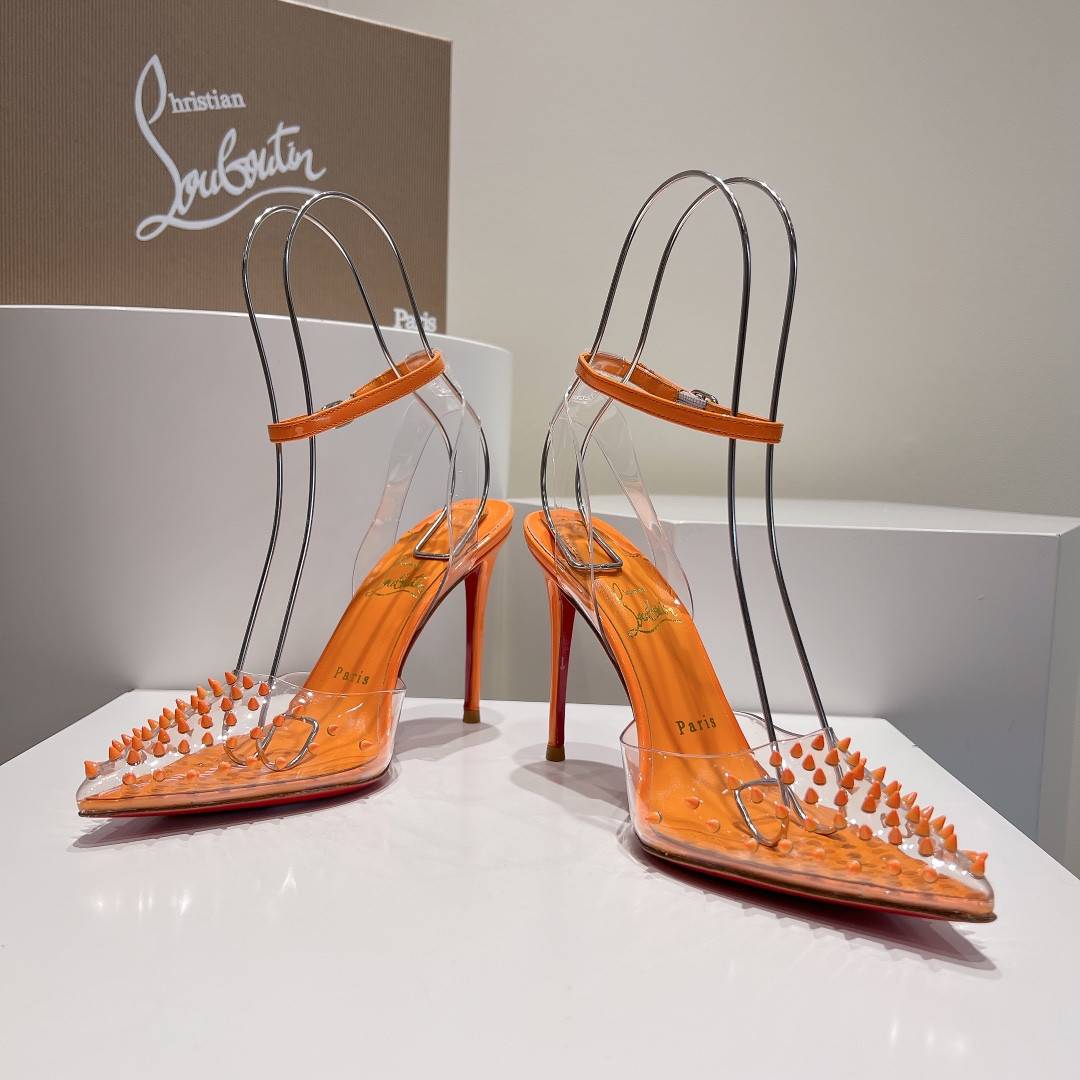 UA Ch**an Louboutin CL pointed toe high-heeled transparent studded sandals