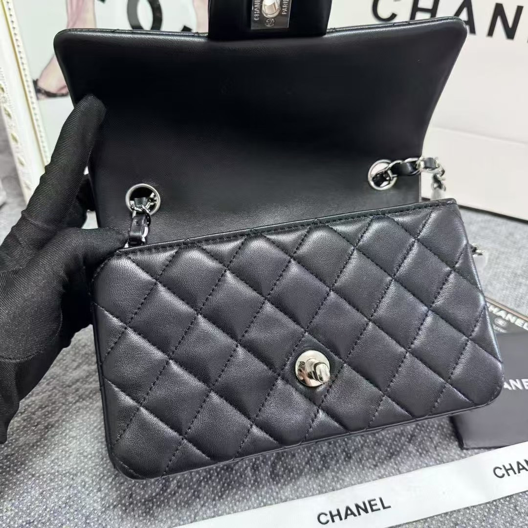 Ch*el MINI FLAP BAG BLACK 12 × 20 × 6 cm