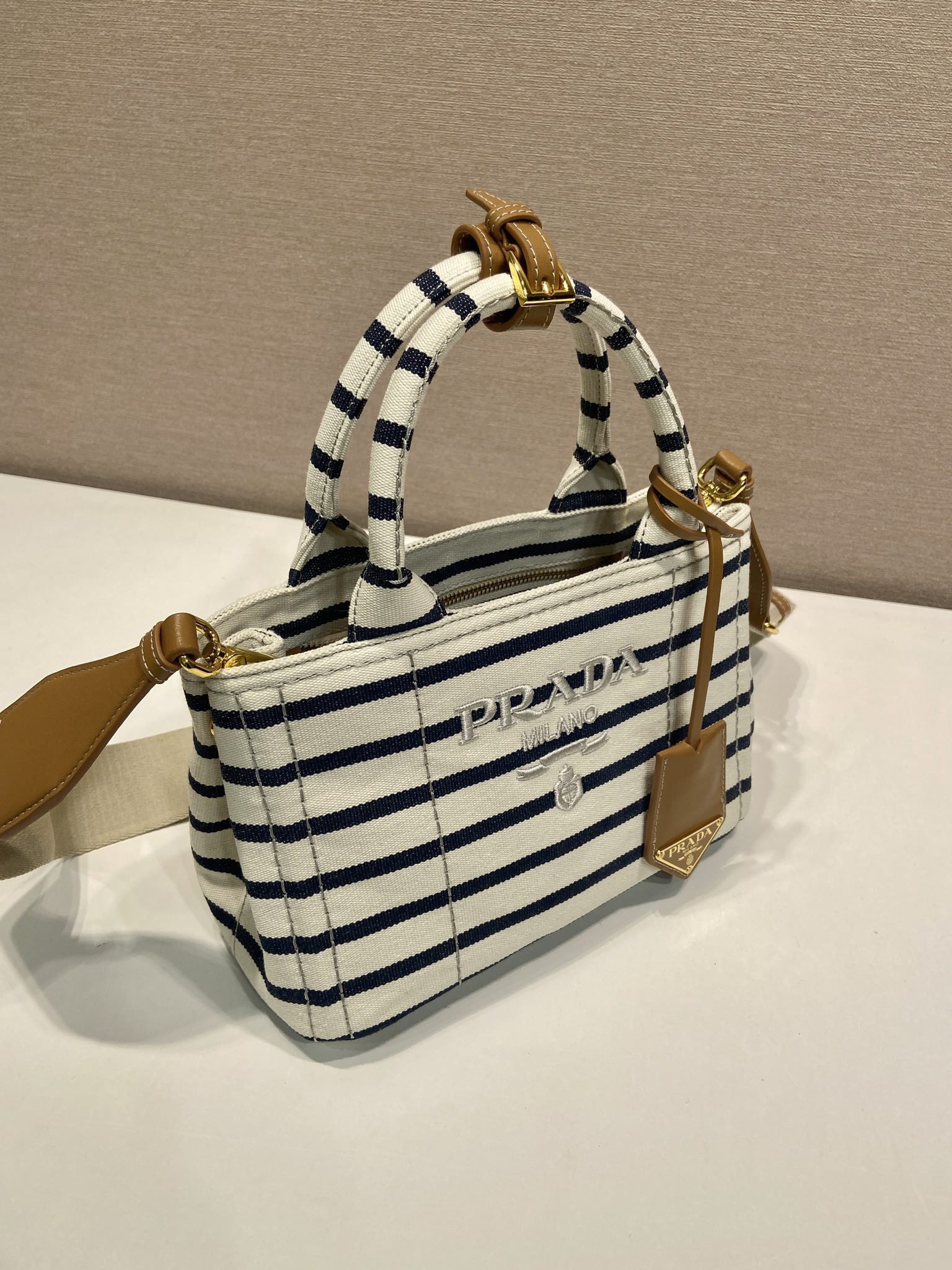 Pra*a Jardinière striped cotton canvas mini-bag 22x15x13cm