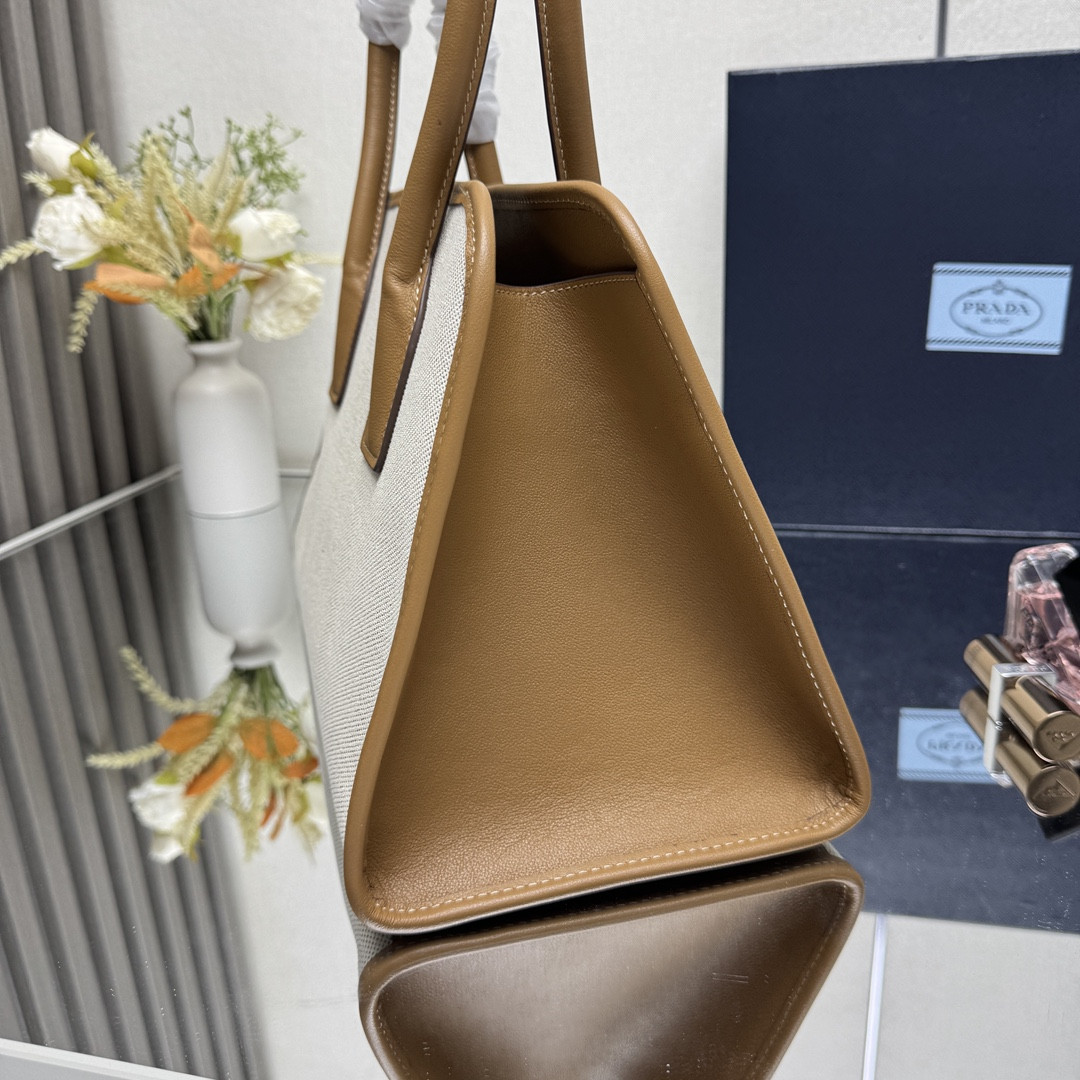 Pra*a Medium linen blend and leather tote bag 22.5x35x18cm